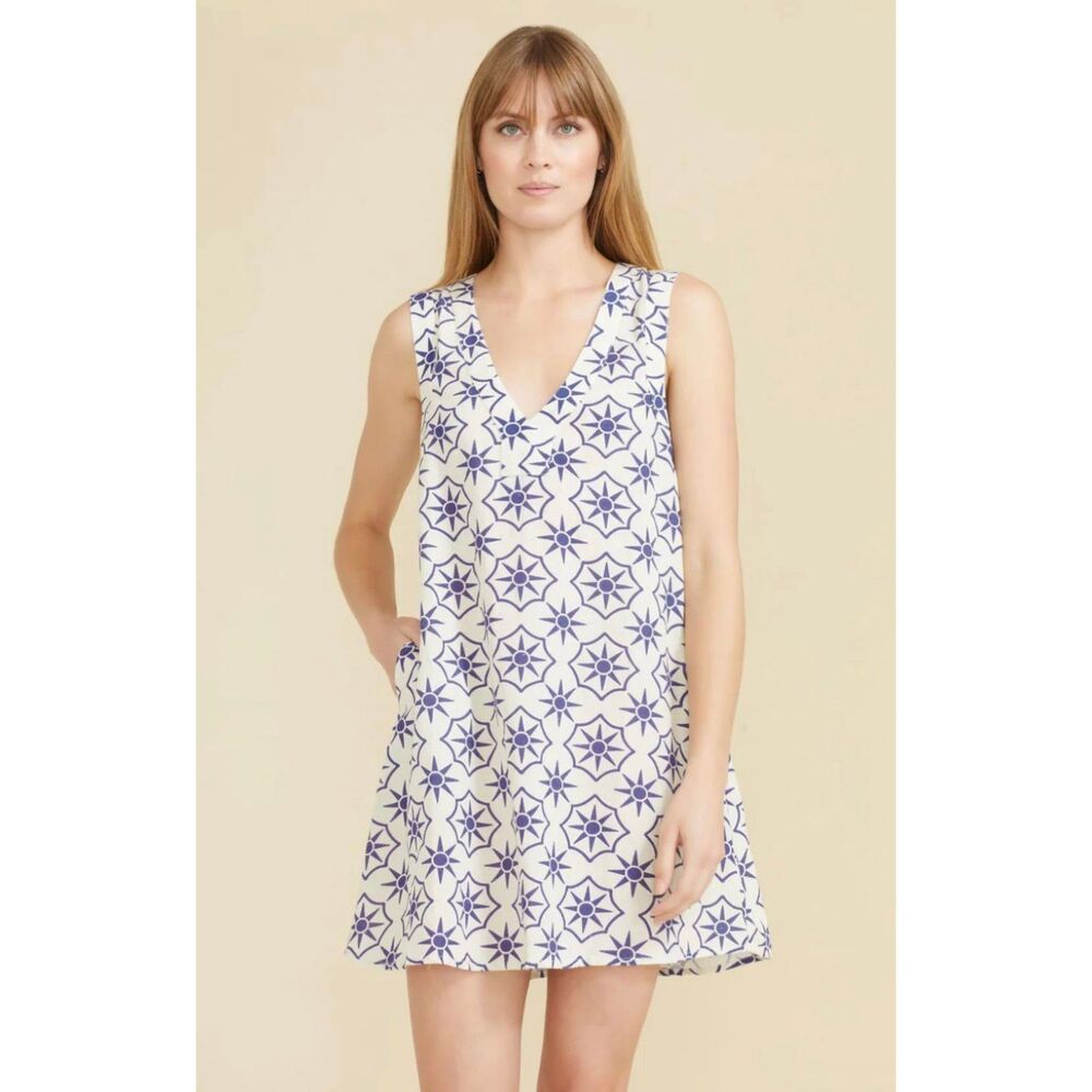 NWT Sitano Natalia Dress Medium Blue White Geometric Linen Blend Resort Coastal